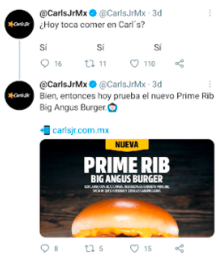 Carl's Jr. sabe que conversar con clientes es redes sociales, es parte de dar a conocer sus productos.