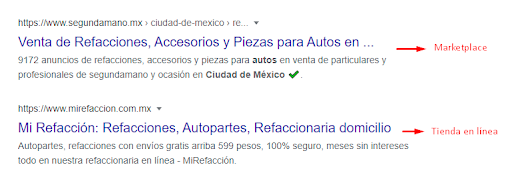 Resultados orgánicos al buscar un ecommerce en Google.